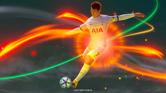 A screenshot shows a soccer player kicking a ball inside a magic blast of energy.