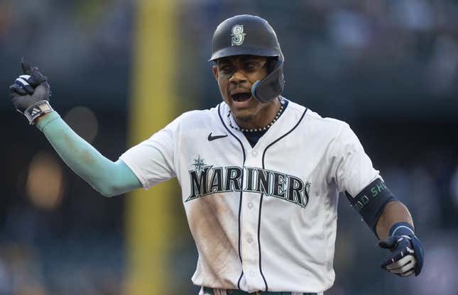 Jun 26, 2023; Seattle, Washington, USA; Seattle Mariners centerfielder Julio Rodriguez (44) celebrates ater hitting an RBI-single during the fourth inning against the Washington Nationals at T-Mobile Park.