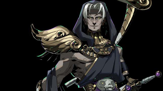 Thanatos smiles as he holds his scythe above his head and dagger at his hip.