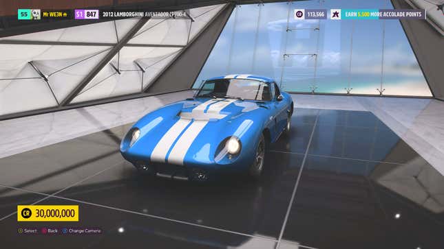 A Shelby is parked in a garage in Forza Horizon 5.