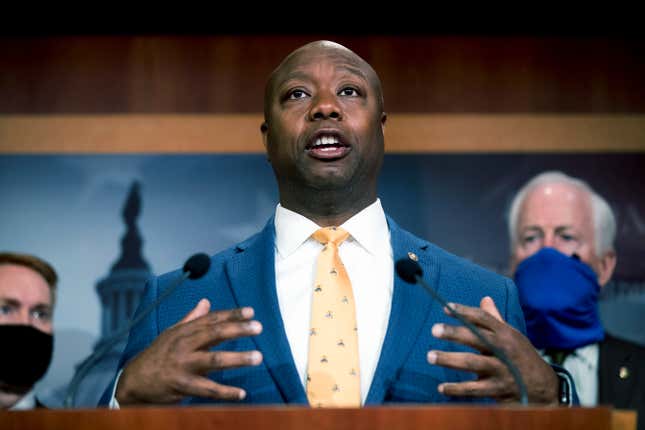In this June 17, 2020, file photo, Sen. Tim Scott, R-S.C., speaks at a news conference on Capitol Hill in Washington. Scott is the only Black Republican senator and has been pointed to as a mentor in efforts to recruit diverse Gen-Zers as conservative candidates.