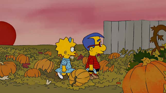 A screenshot from The Simpsons shows Lisa and Millhouse walking near pumpkins. 