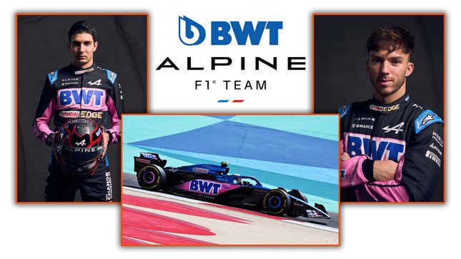 A collage of images of Esteban Ocon, Pierre Gasly and the 2023 Alpine F1 car. 