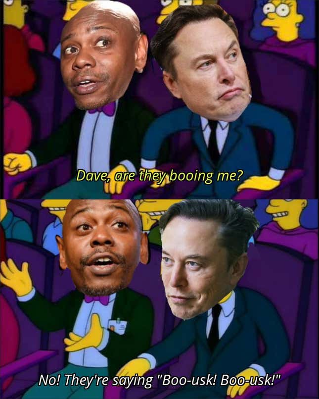Image for article titled Twitter Users Skewer Elon Musk for Claiming He Got &#39;90% Cheers&#39; at Chappelle Show
