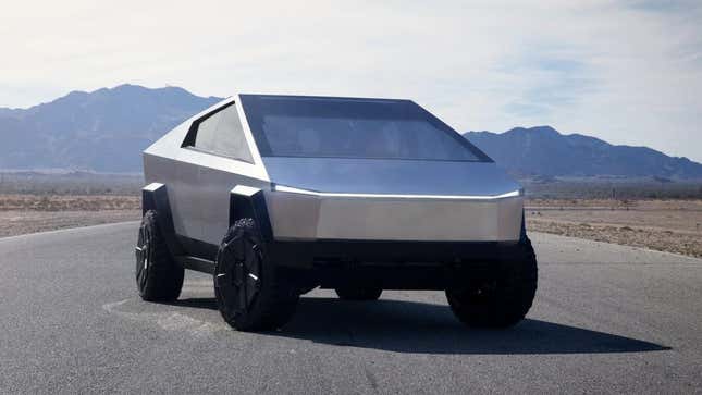 A front 3/4 photo of the Tesla Cybertruck concept vehicle. 