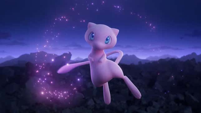 Mew is seen floating in a mountain area.