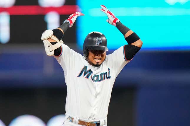 Jul 23, 2023; Miami, Florida, USA; Miami Marlins second baseman Luis Arraez (3) celebrates hitting a double against the Colorado Rockies during the sixth inning at loanDepot Park.