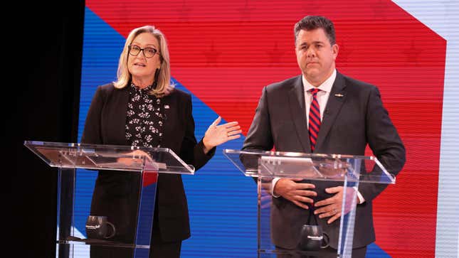 First district Congressional candidates Bridget Fleming (D) and Nick LaLota (R) take part in a debate at the Newsday Studio in Melville, New York, on October 19, 2022.