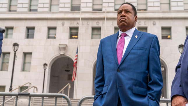 Conservative radio talk show host Larry Elder speaks to supporters during a campaign stop outside the Hall of Justice downtown Los Angeles Thursday, Sept. 2, 2021. 