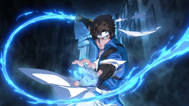 A Castlevania: Nocturne promotional image shows Richter wielding his magic-infused whip. 