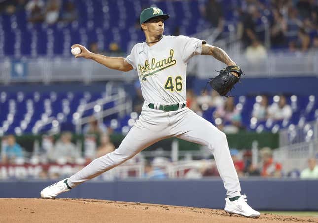Jun 3, 2023; Miami, Florida, USA; Oakland Athletics starting pitcher Luis Medina (46) pitches against the Miami Marlins during the first inning at loanDepot Park.