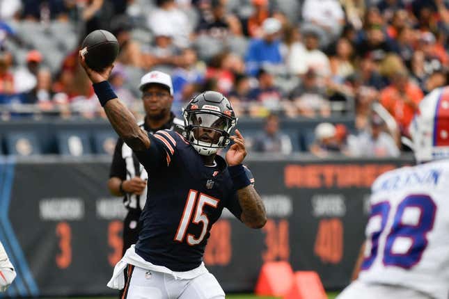 Aug 26, 2023; Chicago, Illinois, USA;  Chicago Bears quarterback PJ Walker (15) against the Buffalo Bills during the second half at Soldier Field.