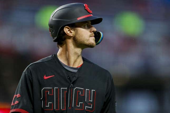 May 19, 2023; Cincinnati, Ohio, USA; Cincinnati Reds right fielder Wil Myers (4) walks off the field after striking out against the New York Yankees in the seventh inning at Great American Ball Park.