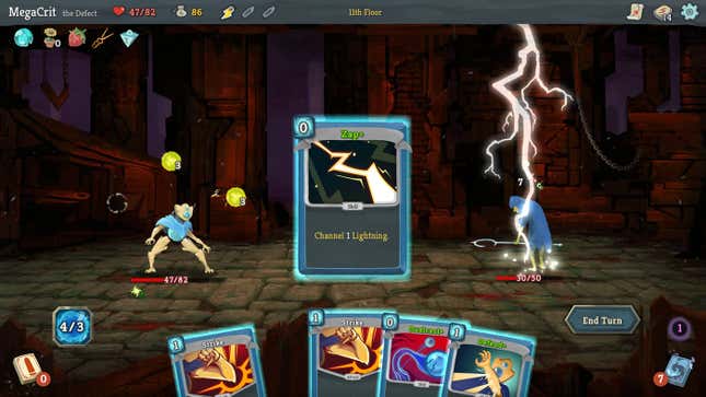 a mage plays a lightning spell card in slay the spire on xbox game pass