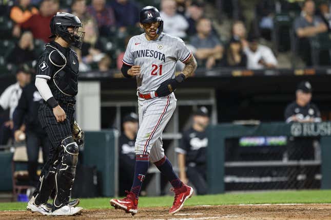 Sep 15, 2023; Chicago, Illinois, USA; Minnesota Twins short stop Carlos Correa scores against the Chicago White Sox during the ninth inning at Guaranteed Rate Field.