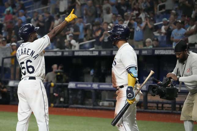 May 22, 2023; St. Petersburg, Florida, USA; Tampa Bay Rays left fielder Randy Arozarena (56) celebrates after hitting a home run against the Toronto Blue Jays during the sixth inning at Tropicana Field.