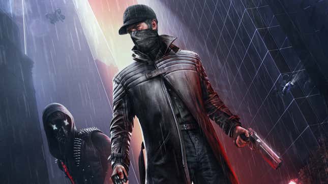 Aiden standing in the rain with a gun, Wrench behind him in his mask. 