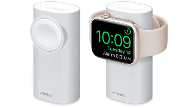 The OtterBox 2-in-1 Power Bank with Apple Watch Charger shown with and without an Apple Watch attached.