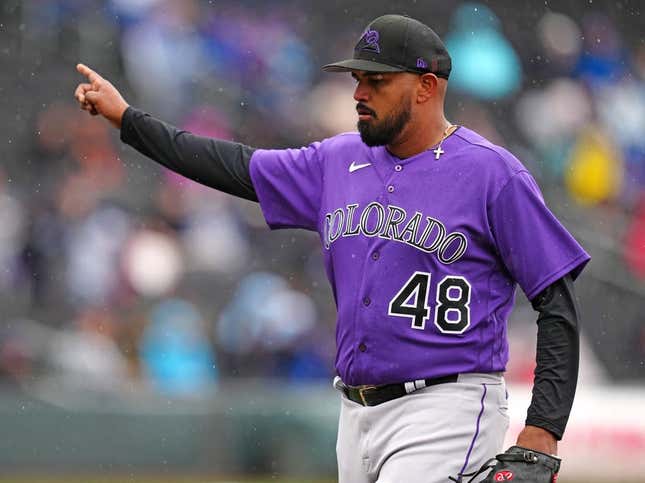 Mar 19, 2023; Summerlin, Nevada, USA; Colorado Rockies starting pitcher German Marquez (48) gestures after closing out the Kansas City Royals in the fourth inning at Las Vegas Ballpark.