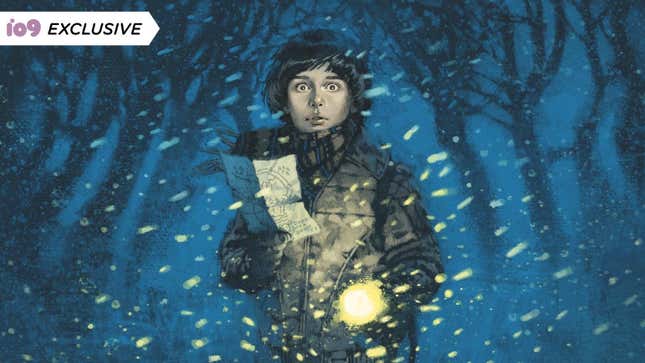 Stranger Things character Will Byers stands holding a map in a snowstorm in Marc Aspinall's cover for Stranger Things: Tomb of Ybwen.