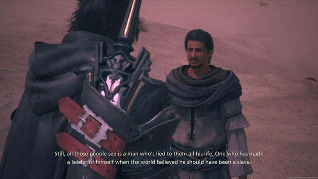 Clive and another character stand in a desert, as the character says of someone else, "Still, all those people see is a man who's lied to them all his life. One who has made a leader of himself when the world believed he should have been a slave."