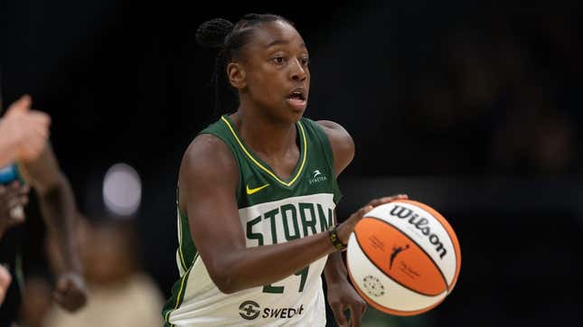 May 29, 2022; Seattle, Washington, USA; Seattle Storm guard Jewell Loyd (24) dribbles the ball against the New York Liberty at Climate Pledge Arena.