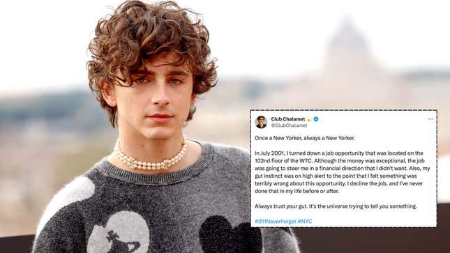Image for article titled Timothée Chalamet Stan Account Follows Up Wacky Week With 9/11 Post