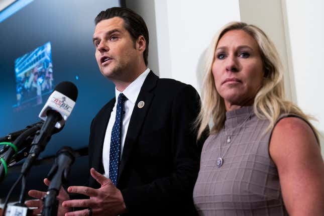 Reps. Marjorie Taylor Greene, R-Ga., and Matt Gaetz, R-Fla., conduct a news conference in Cannon Building on the anniversary of the January 6th riot, where they alleged the government’s possible involvement in the attack, on Thursday, January 6, 2022.