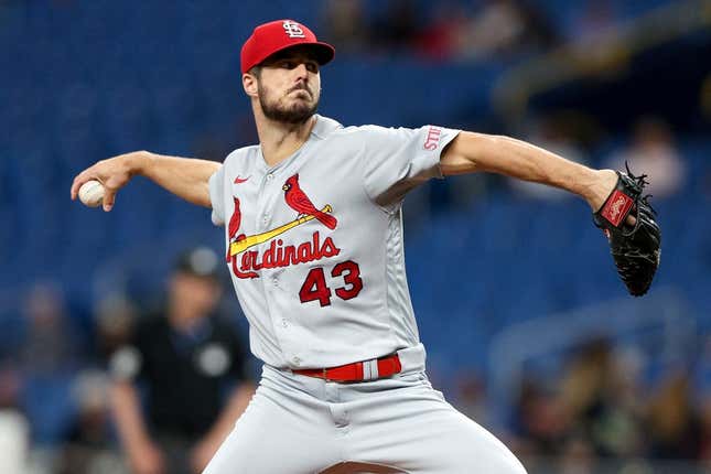 Aug 9, 2023; St. Petersburg, Florida, USA;  St. Louis Cardinals relief pitcher Dakota Hudson (43) throws a pitch against the Tampa Bay Rays in the first inning at Tropicana Field.