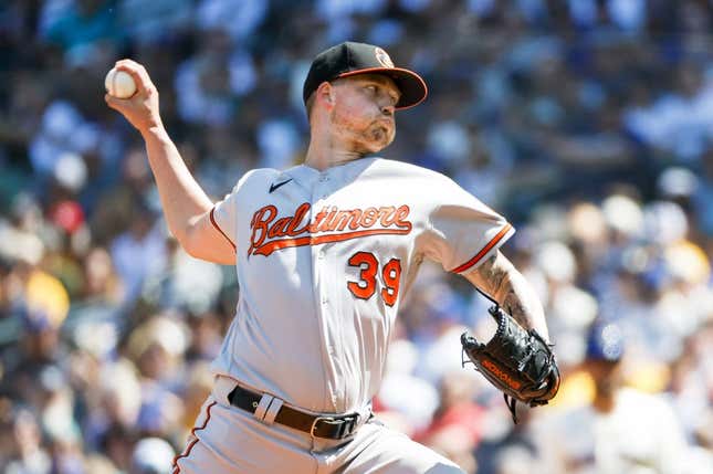 Aug 13, 2023; Seattle, Washington, USA; Baltimore Orioles starting pitcher Kyle Bradish (39) throws against the Seattle Mariners during the third inning at T-Mobile Park.