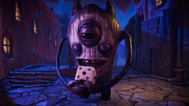 A large black and white demon holding Dicey and smiling.