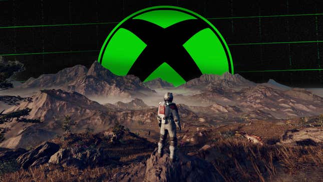 An image shows a Starfield astronaut looking at a giant Xbox logo. 