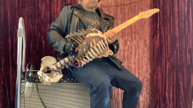 Image for article titled Well now: A man has turned his metalhead uncle&#39;s bones into a &quot;Skelecaster&quot; guitar