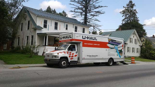 U-Haul moving truck parked on Elm Street next in Montpelier, Vermont.