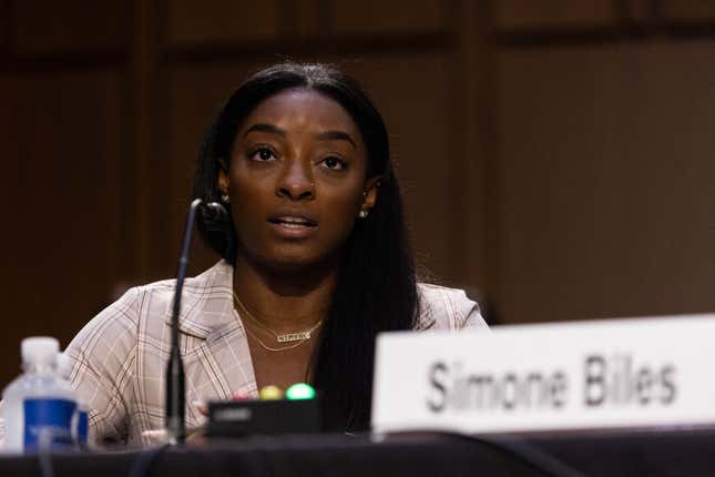 U.S. Olympic gymnast Simone Biles testifies during a Senate Judiciary hearing about the Inspector General’s report on the FBI handling of the Larry Nassar investigation of sexual abuse of Olympic gymnasts, on Capitol Hill, September 15, 2021, in Washington, D.C.
