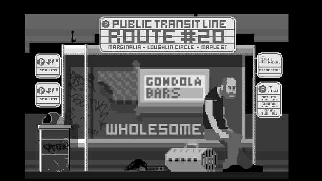 Grey pixel art shows a man sitting on a bench waiting for the bus.