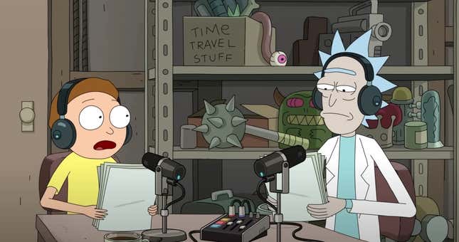 Morty and Rick recording with headphones and microphones.