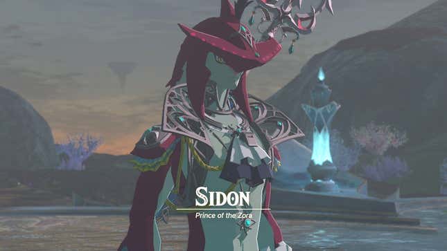 Sidon, Prince of the Zora, is seen looking serious in Tears of the Kingdom.