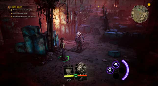 A bounty hunter talks to a pigman in Weird West, one of the best games of 2022.