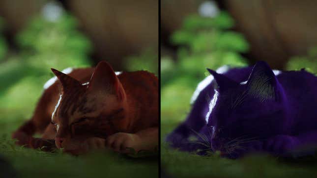 An orange cat lays next to a purple cat in Stray.
