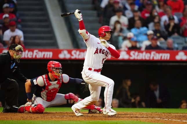 May 23, 2023; Anaheim, California, USA; Los Angeles Angels designated hitter Shohei Ohtani (17) bats against the Boston Red Sox in the third inning at Angel Stadium.