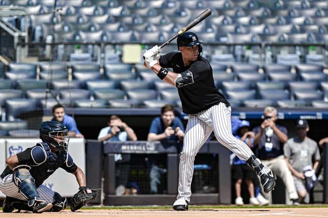 Jul 23, 2023; Bronx, New York, USA; New York Yankees right fielder Aaron Judge (99) takes batting practice with live pitching prior to the MLB game against the Kansas City Royals at Yankee Stadium.