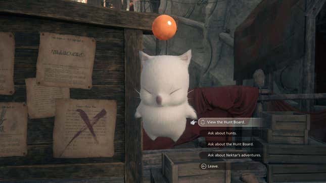 A FFXVI Moogle hovers over a bulletin board.