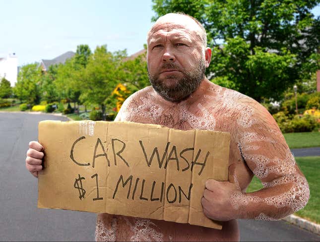 Image for article titled Shirtless Alex Jones Stands On Side Of Road Holding ‘Car Wash: $1 Million’ Sign
