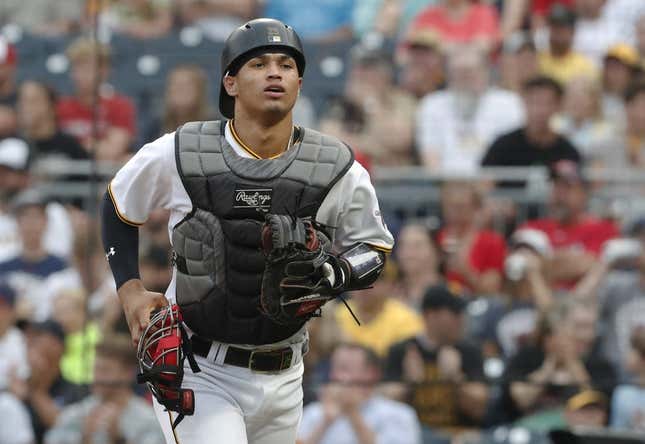Jul 17, 2023; Pittsburgh, Pennsylvania, USA;  Pittsburgh Pirates catcher Endy Rodriguez (25) jogs off of the field in his major league debut against the Cleveland Guardians during the first inning at PNC Park.