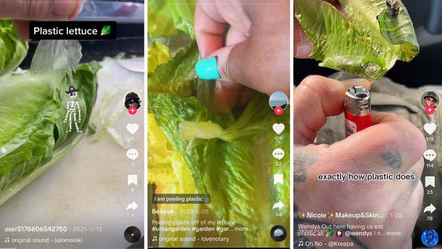 Screenshots of TikTok videos: two of lettuce peeling, and one of someone holding a lighter up to a lettuce leaf