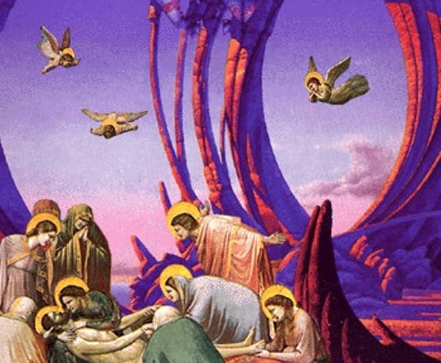An airbrushed Italian painting (circa 1974) depicting Christ as He is laid to rest in and around the lake. The revised account of the Passion, found in the Book of Bruford, is one of many changes to be found in the new, Yes-inclusive Holy Bible.