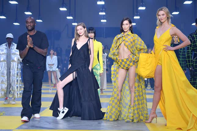 Designer Virgil Abloh, Gigi Hadid, Bella Hadid and Karlie Kloss during the finale of the Off-White show as part of the Paris Fashion Week Womenswear Fall/Winter 2019/2020 on February 28, 2019 in Paris, France.