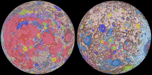 Left: the near side of the Moon. Right: the far side.