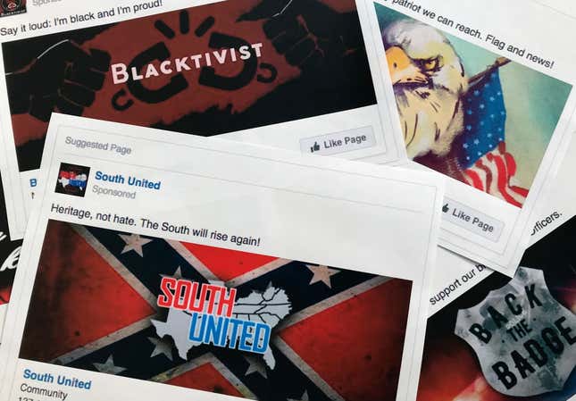 Some of the Facebook ads linked to a Russian effort to disrupt the American political process and stir up tensions around divisive social issues, released by members of the U.S. House Intelligence committee, are photographed in Washington.

